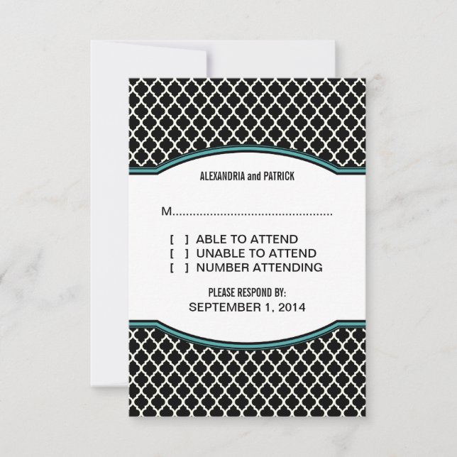 Aqua Elegant Quatrefoil Response Card (Front)