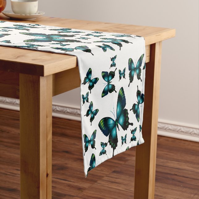 Aqua Elegant Whimsical Butterflies Short Table Runner (In Situ)