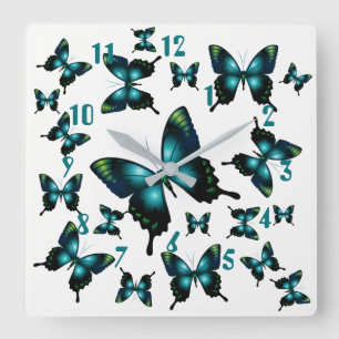 Aqua Elegant Whimsical Butterflies Square Wall Clock