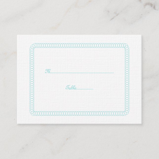 Aqua Encircled Rounded Wedding Place Card (Front)