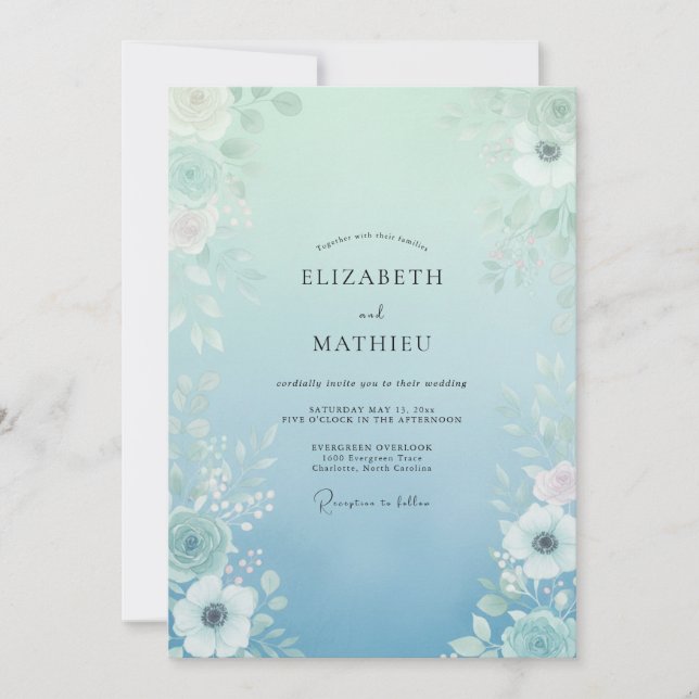Aqua Ethereal Botanical Wedding Invitation (Front)