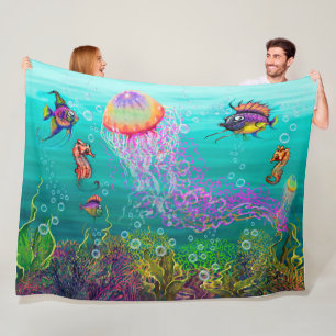 Aqua Fantasy Scene with Jellyfish Fleece Blanket