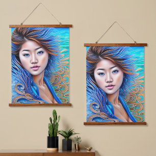 Aqua Fantasy Woman Blue Wave Abstract Art Hanging Tapestry