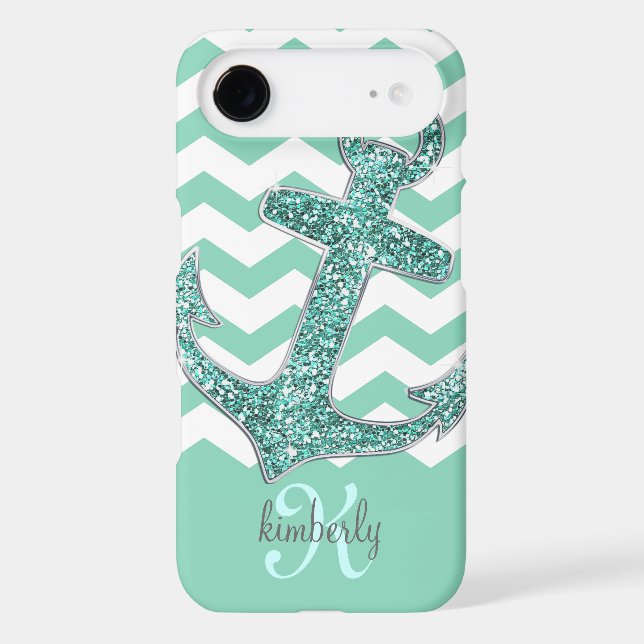 Aqua Faux Glitter Anchor Chevron Personalised Case-Mate iPhone Case (Back)