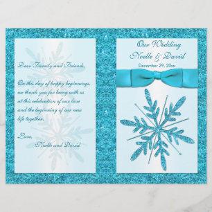 Aqua FAUX Glitter Snowflakes Wedding Program