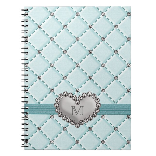 Aqua Faux Quilted Rhinestone Heart Spiral Notebook (Front)