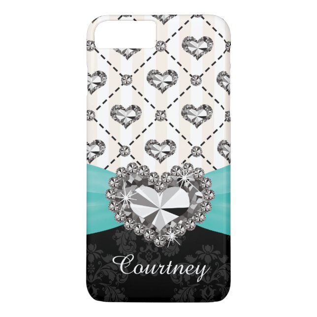 Aqua Faux Rhinestone Heart iPhone 7 Tough Case-Mate iPhone Case (Back)