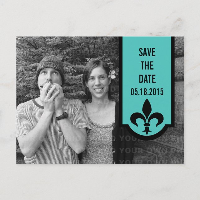 Aqua Fleur De Lis Banner Save the Date Postcard (Front)
