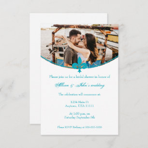 Aqua Fleur de Lis Photo Bridal Shower Invite