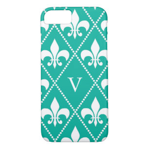 Aqua Fleur de Lis w/ monogram Case-Mate iPhone Case