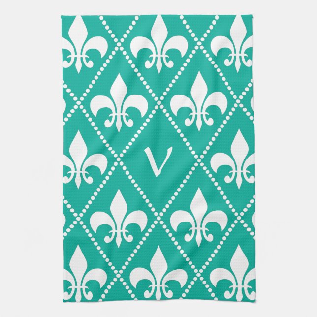 Aqua Fleur de Lis with monogram initial Tea Towel (Vertical)