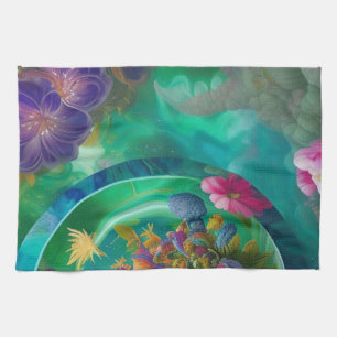 Aqua Floral Abstract underwater Garden   Tea Towel
