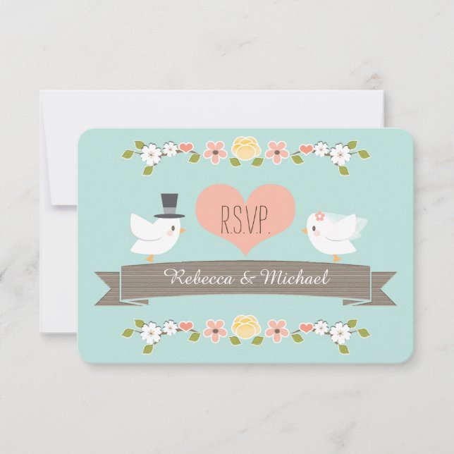 Aqua Floral Dove Wedding RSVP Response Cards (Front)