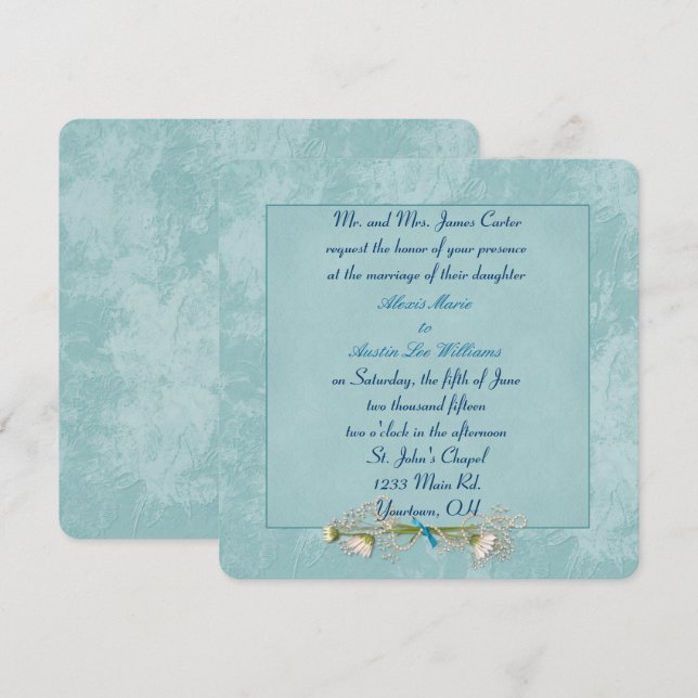 Aqua Floral Embossed Wedding invitation (Front/Back)
