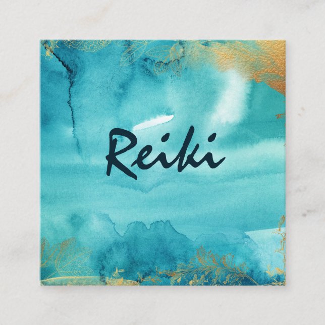 *~* Aqua Floral Gold  Healer Reiki Energy Square Business Card (Front)