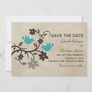 Aqua Floral Lovebirds Save the Date Invite