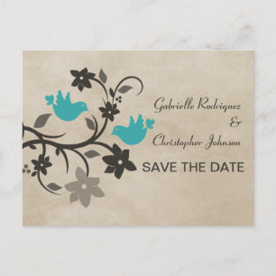 Aqua Floral Lovebirds Save the Date Postcard