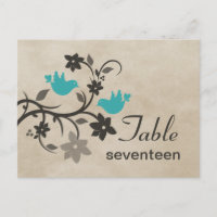 Aqua Floral Lovebirds Table Number Postcard