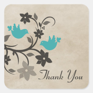 Aqua Floral Lovebirds Thank You Stickers