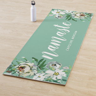 Aqua Floral Namaste Monogrammed Yoga Mat