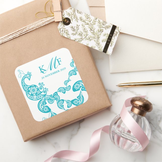 Aqua Floral Paisley White Peacock Wedding Favour Square Sticker (Gifting)