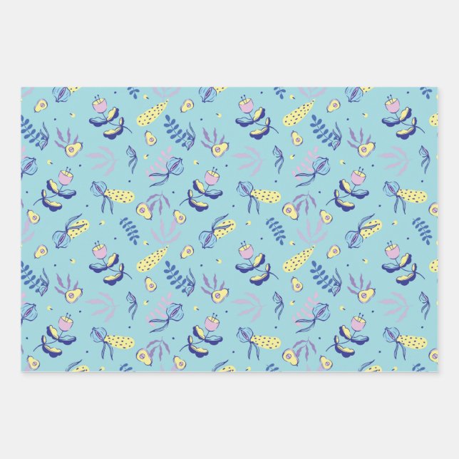 Aqua Floral Patterned Wrapping Paper (Front)