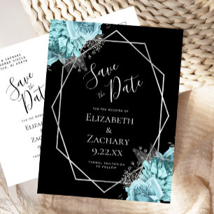 Aqua Floral Silver Geo Frame Black Save the Date Postcard