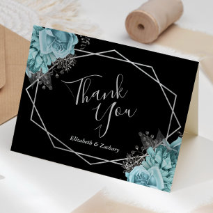 Aqua Floral Silver Geometric Black Wedding Thank You Card