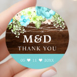 Aqua Floral String Lights Rustic Thank You Wedding Classic Round Sticker<br><div class="desc">Aqua Floral String Lights Rustic Thank You Wedding Classic Round Sticker. This design features a rustic wood background with aqua and mint green florals accented with glittering string lights. Perfect for a winter or spring country wedding.</div>