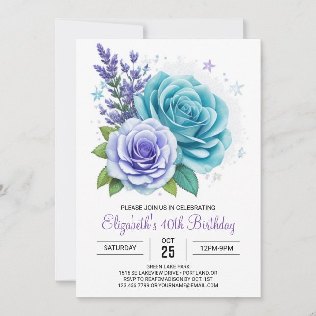Aqua Floral Surprise 40th Birthday Invitation (Front)