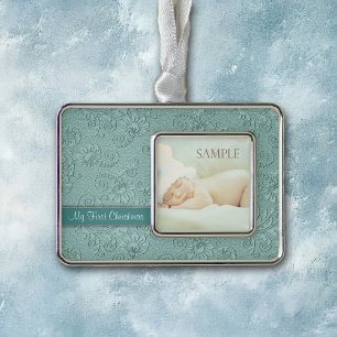 Aqua Floral Swirl Baby First Christmas Silver Plated Framed Ornament