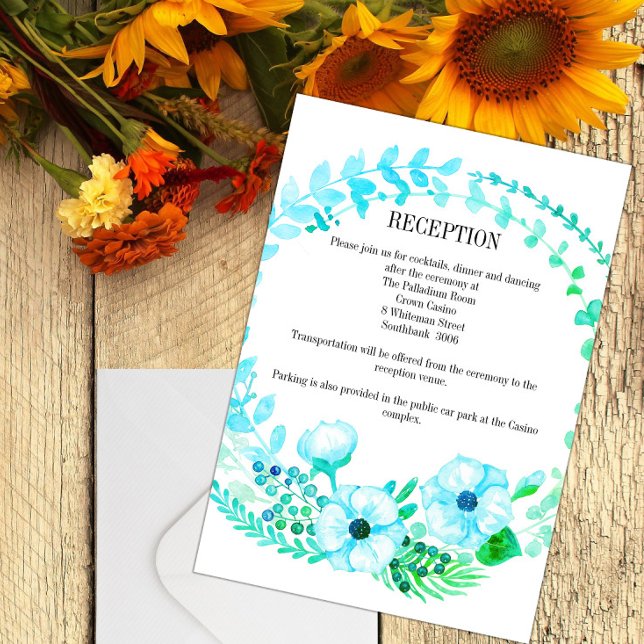 Aqua Floral Wreath Boho Wedding Reception Enclosure Card (Creator Uploaded)