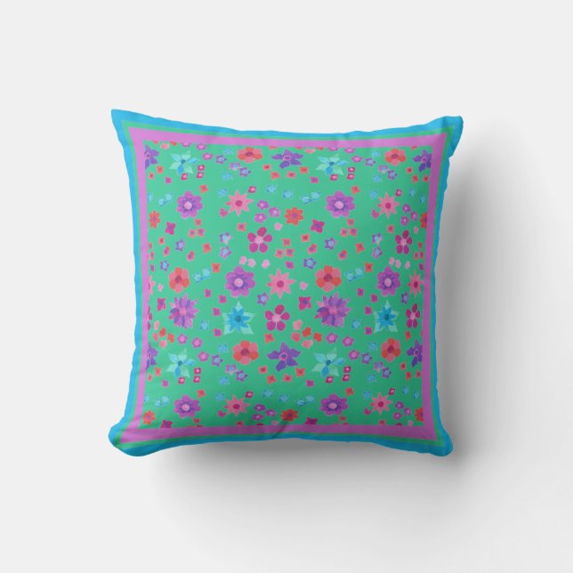 Aqua Flower-Power Throw Pillow or Scatter Cushion (Front)