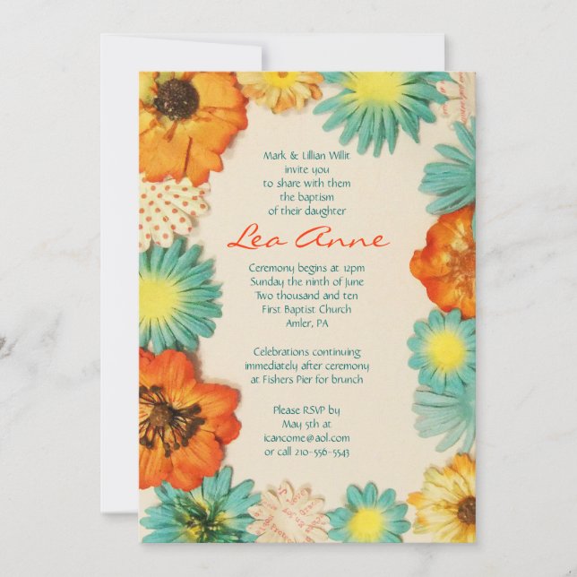 Aqua Flowers Baptism Christening Custom Invitation (Front)