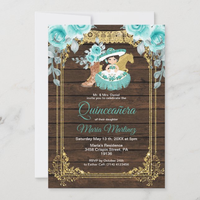 Aqua Flowers Princess Quinceañera Mexican  Invitation (Front)