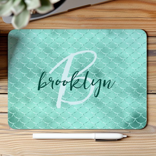 Aqua Foil Mermaid Fish Scales Script Monogram  Mouse Pad (Creator Uploaded)