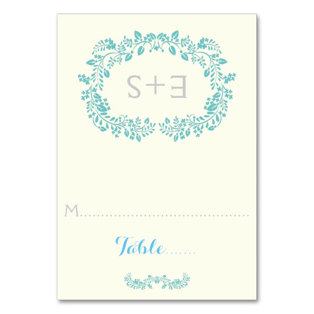 Aqua foliage frame & initials wedding place card (Front)