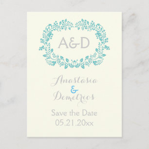 Aqua foliage frame initials wedding Save the Date Announcement Postcard