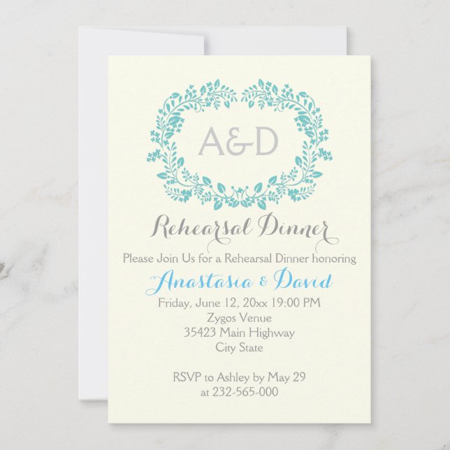 Aqua foliage initials wedding rehearsal dinner invitation (Front)