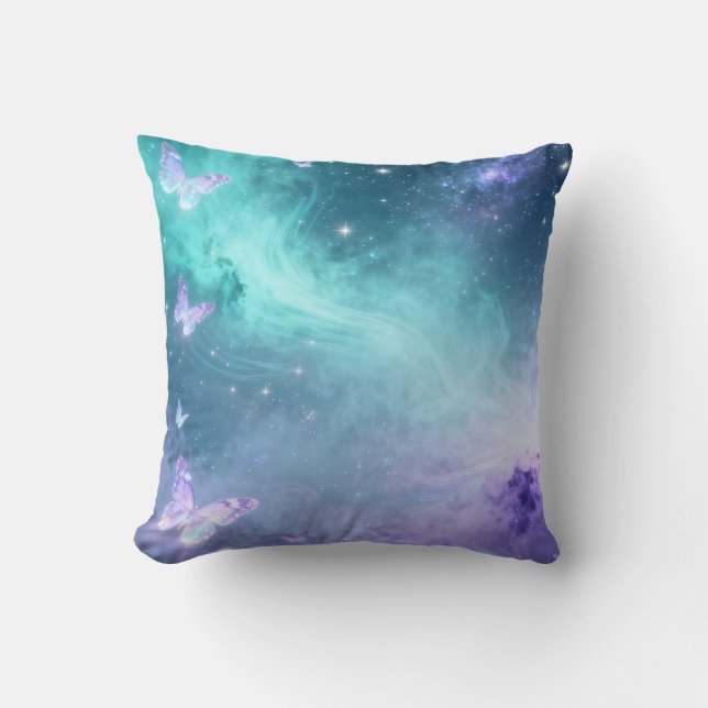 Aqua Galaxy Butterfly Throw Pillow (Front)