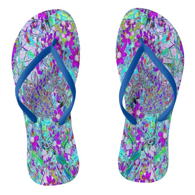 Aqua Garden with Violet Blue and Hot Pink Flowers Jandals (Footbed)