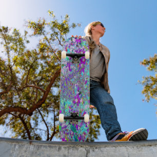 Aqua Garden with Violet Blue and Hot Pink Flowers Skateboard