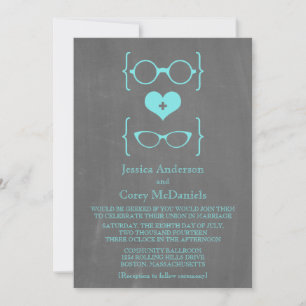 Aqua Geeky Glasses Chalkboard Wedding Invite