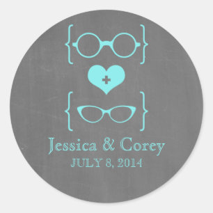 Aqua Geeky Glasses Chalkboard Wedding Stickers
