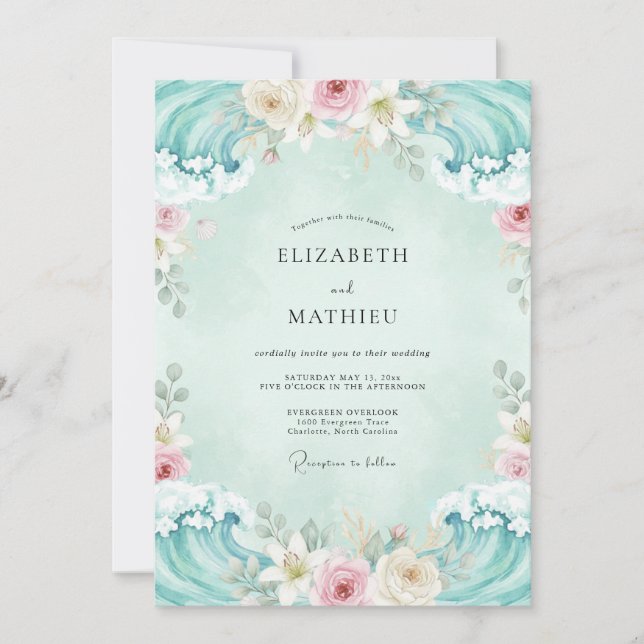 Aqua Gentle Floral Wedding Invitation (Front)