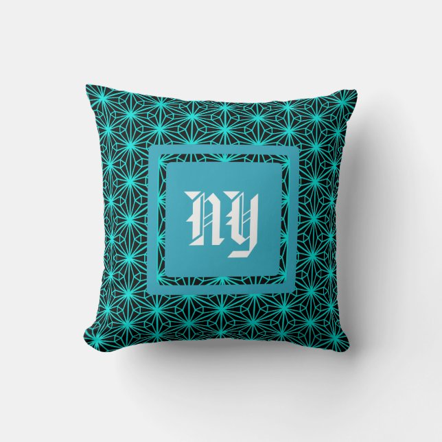 Aqua Geometric Flower Pattern On White Cushion (Front)