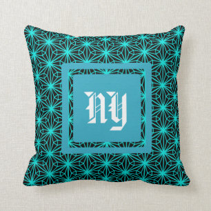 Aqua Geometric Flower Pattern On White Cushion