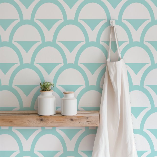 Aqua Geometric Scalloped Wallpaper (The bold aqua pattern works wonderfully in a kitchen.)