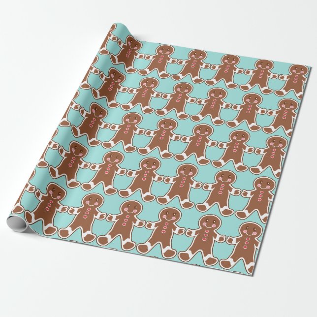 Aqua Gingerbread Wrapping Paper (Unrolled)