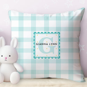 Aqua Gingham Monogrammed Cushion